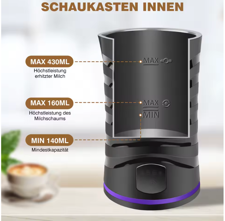 Wiserhousing Elektrischer 4-in-1-Milchaufschäumer für heißen und kalten Milchschaum – Schwarz