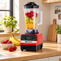 Roter Standmixer mit Obst auf einer hellen Küchenarbeitsplatte, KI-generierte Darstellung