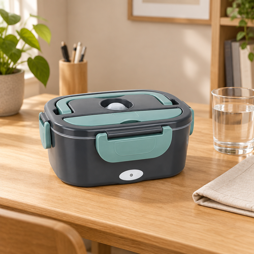 KI-generiertes Alltagsmotiv der elektrischen Lunchbox auf einem hellen Holztisch